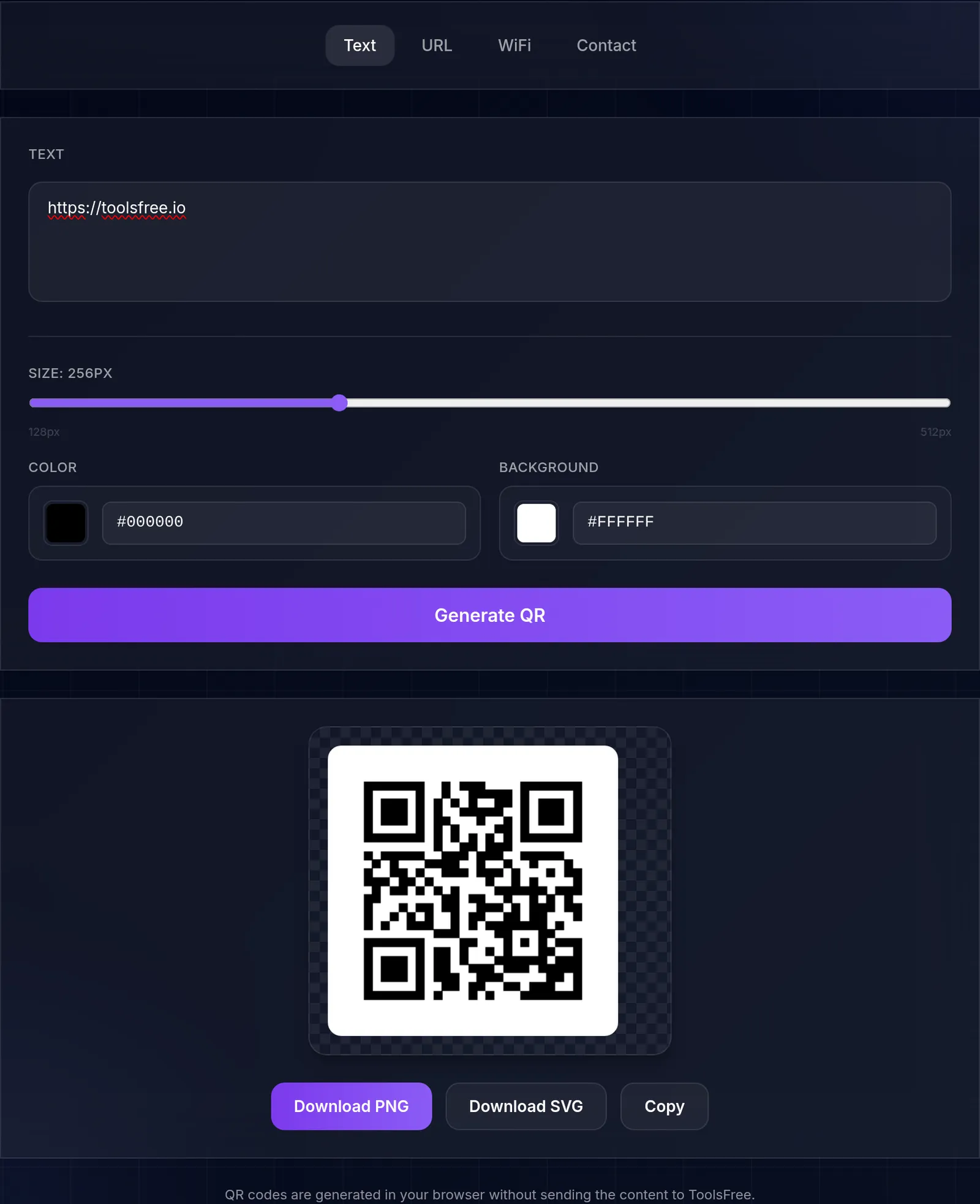 The QR generator with a code produced for the URL https://toolsfree.io at 256 pixels, next to the size, colour and background controls and buttons to download it as PNG or SVG.