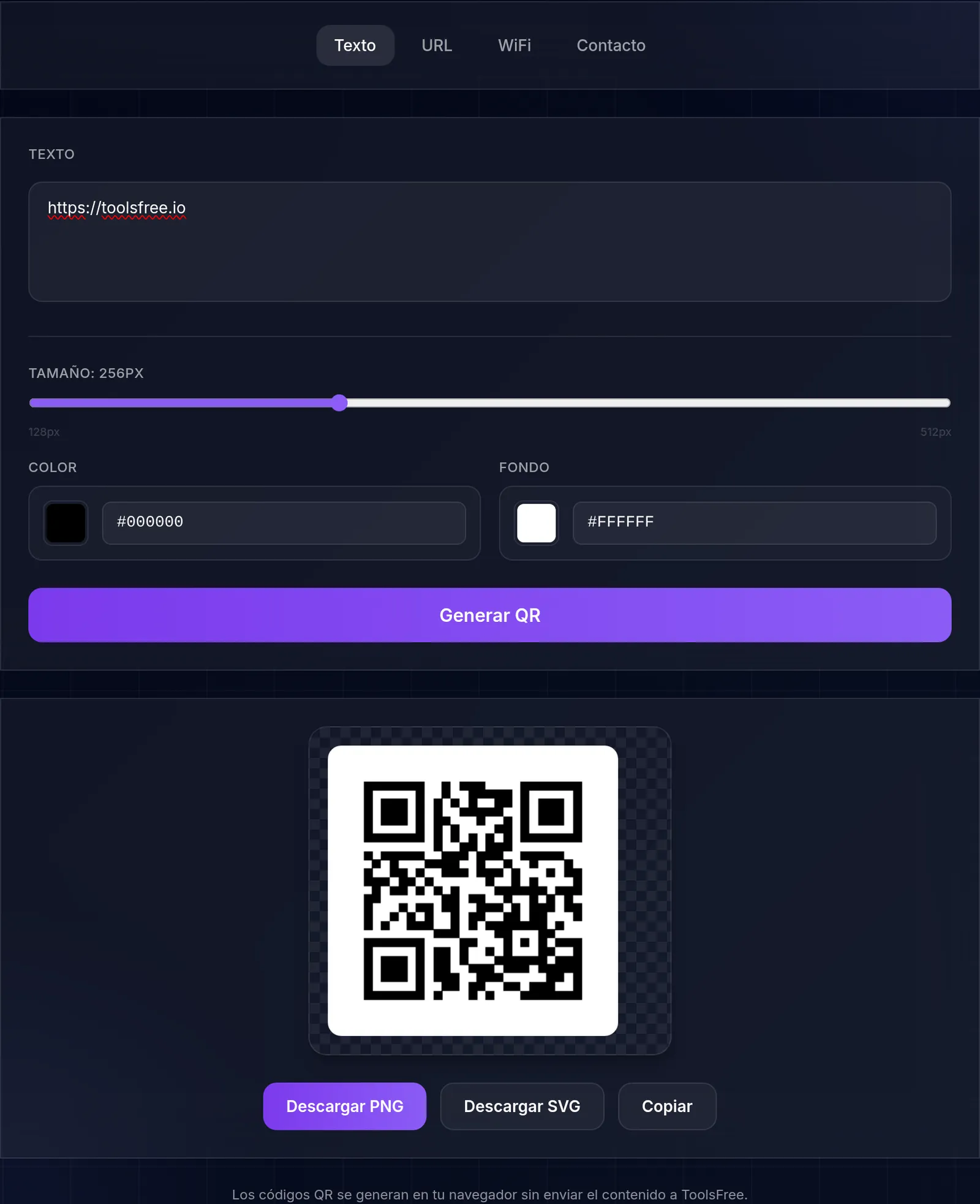 El generador de QR con un código creado para la URL https://toolsfree.io a 256 píxeles, junto a los controles de tamaño, color y fondo y los botones para descargarlo en PNG o SVG.