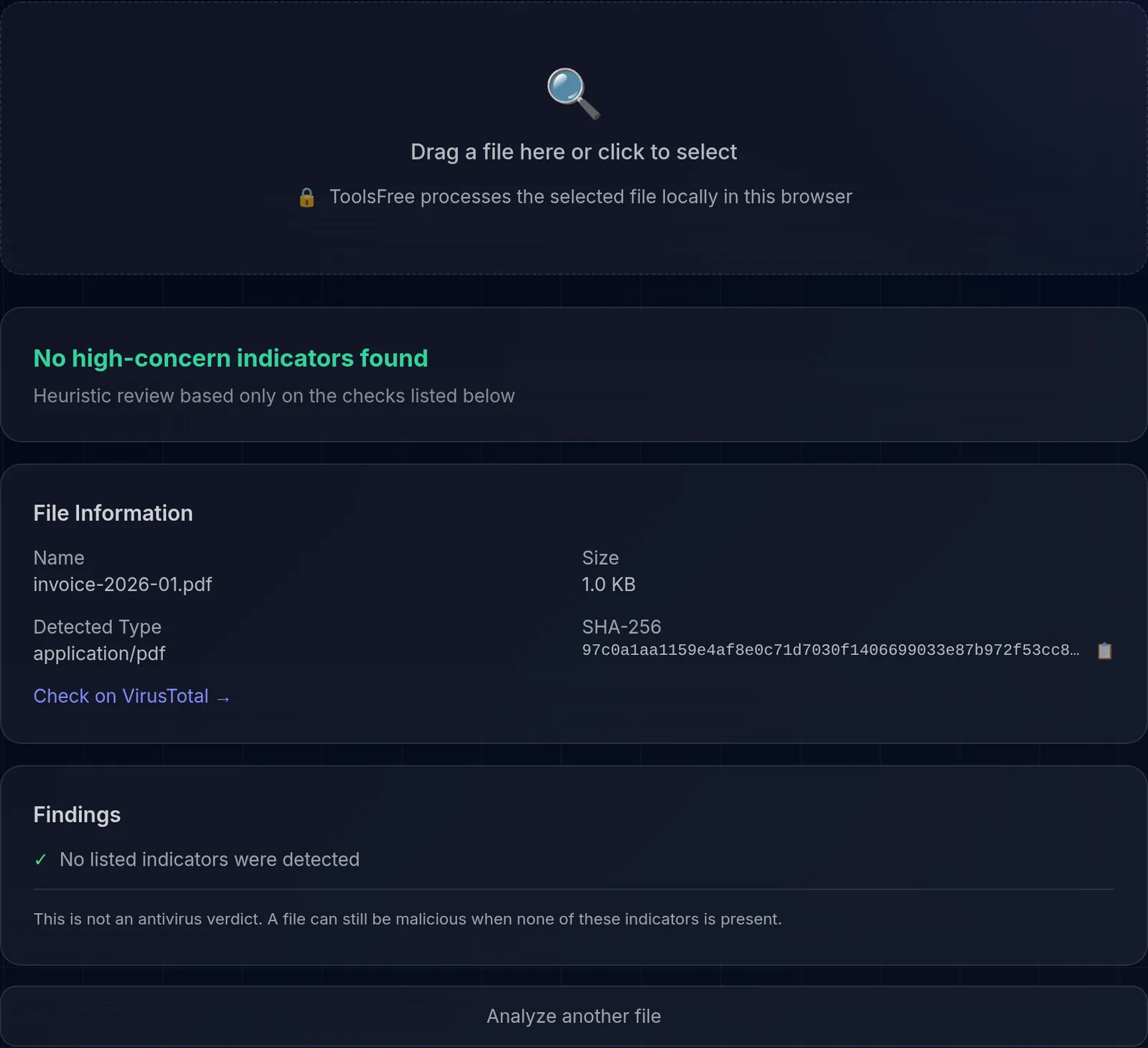 The file analyzer reporting on a 1 KB PDF: no high-concern indicators found, with the detected type application/pdf, the file's SHA-256 digest, a link to check it on VirusTotal, and the list of checks that ran.